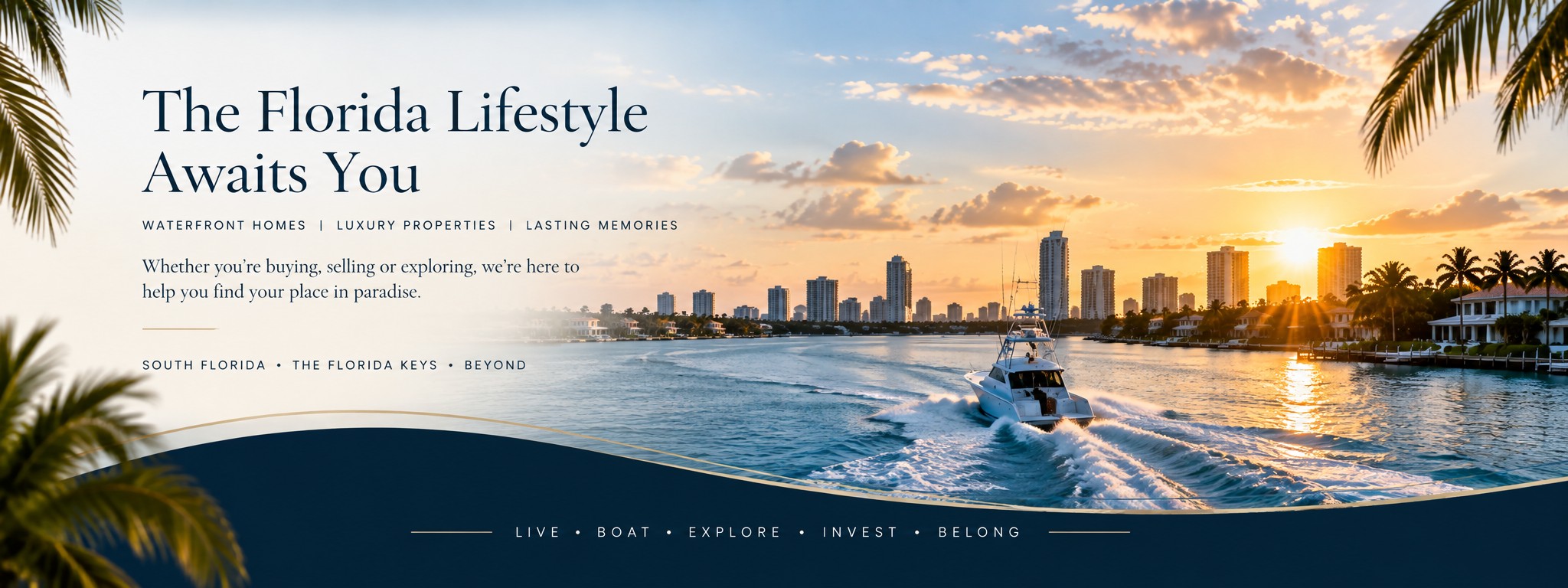 Luxury South Florida waterfront lifestyle with yacht, Intracoastal homes and coastal skyline at sunset